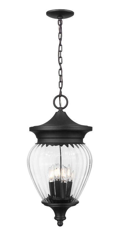 Z-Lite Davina 12" W x 24" H 4-Light Black Aluminum Outdoor Chain Mount Ceiling Fixture With Clear Ribbed Glass Shade