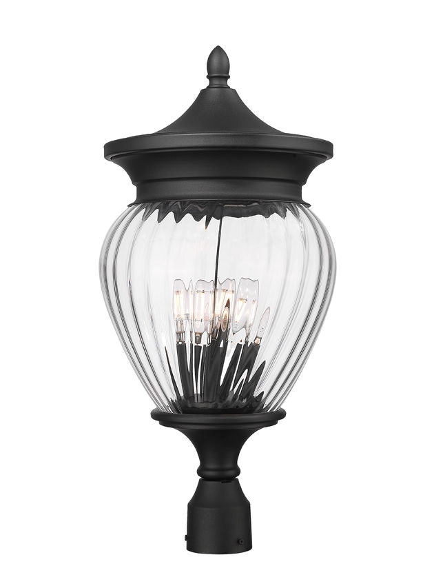 Z-Lite Davina 12" W x 25" H 4-Light Black Aluminum Outdoor Post Mount Fixture With Clear Ribbed Glass Shade
