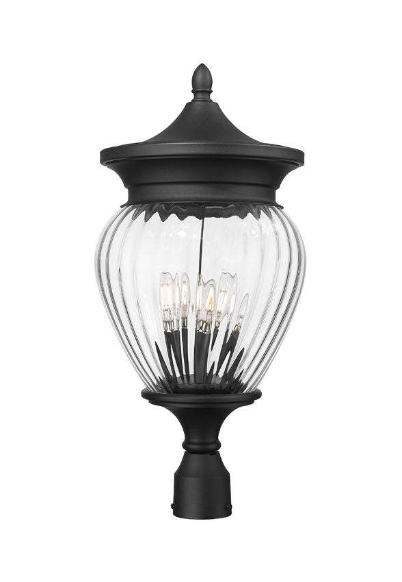 Z-Lite Davina 12" W x 25" H 4-Light Black Aluminum Outdoor Post Mount Fixture With Clear Ribbed Glass Shade