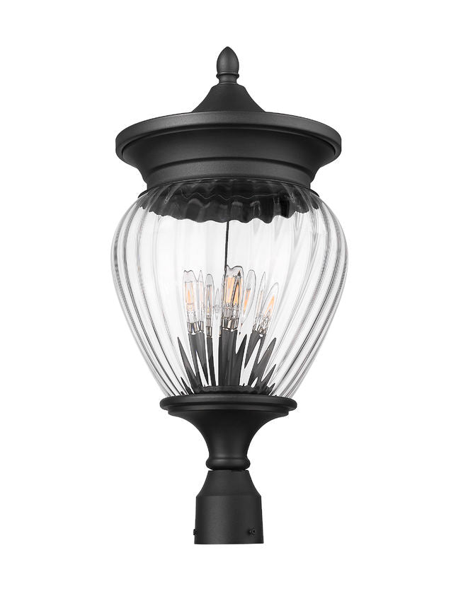 Z-Lite Davina 12" W x 25" H 4-Light Black Aluminum Outdoor Post Mount Fixture With Clear Ribbed Glass Shade