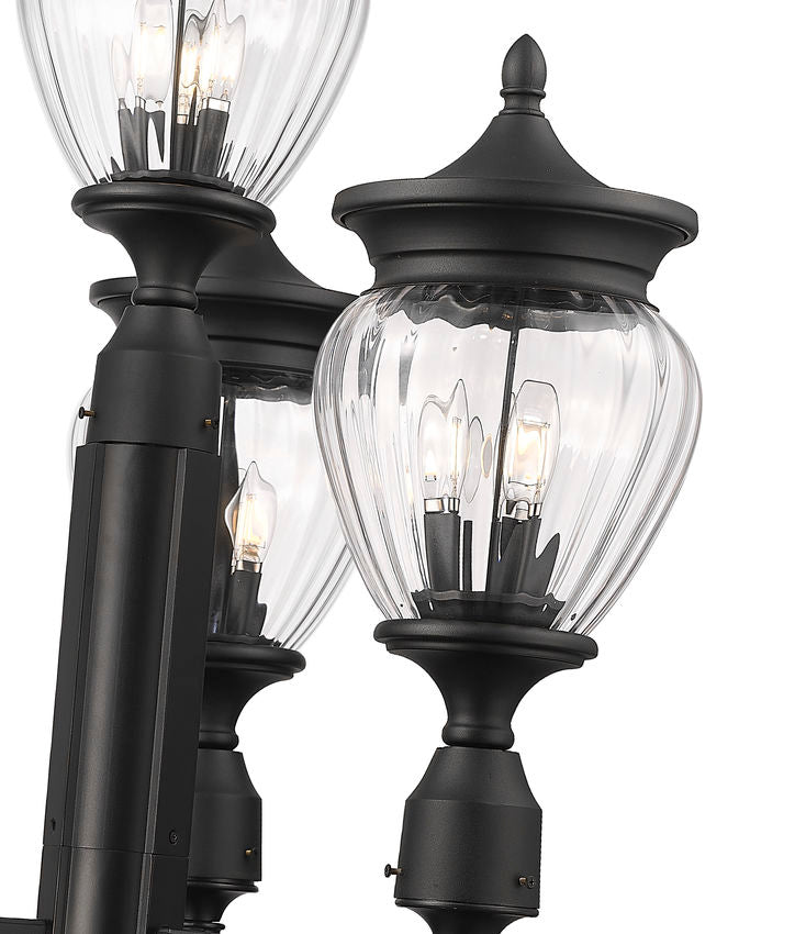 Z-Lite Davina 32" W x 126" H 12-Light Black Aluminum Outdoor Post Mounted Fixture With Clear Ribbed Glass Shade