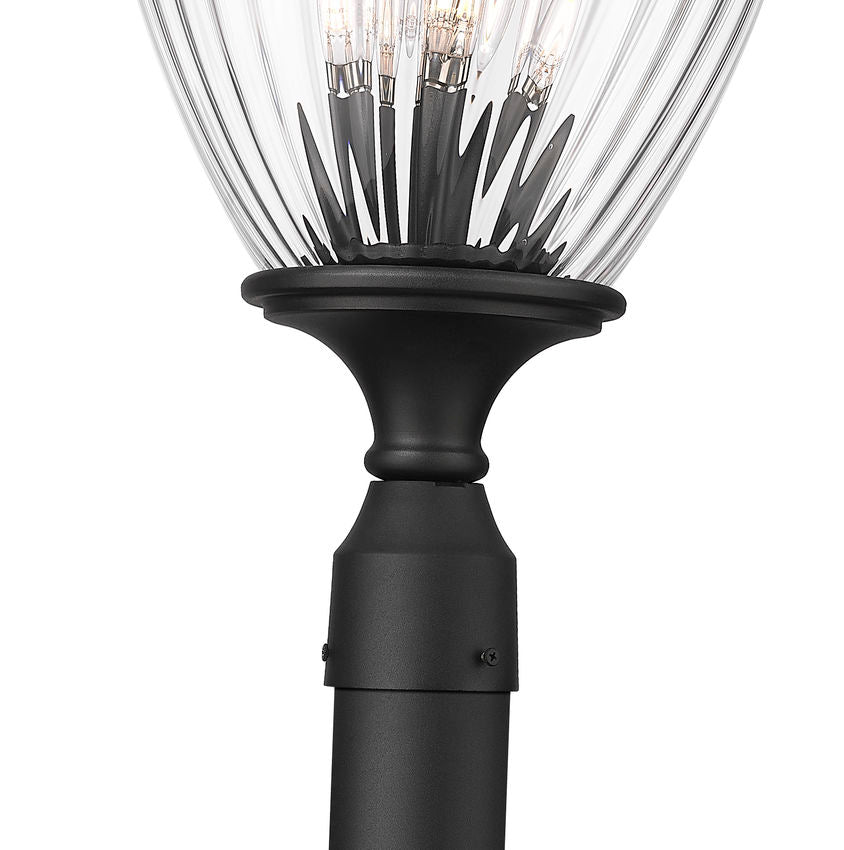 Z-Lite Davina 5016PHBR-519P-BK 12" W x 119" H 4-Light Black Aluminum Outdoor Post Mounted Fixture With Clear Ribbed Glass Shade