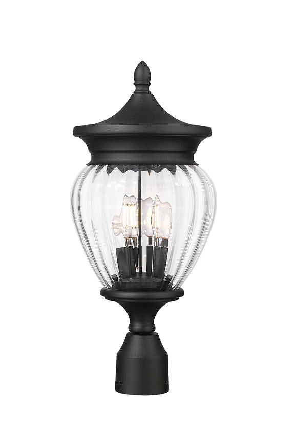 Z-Lite Davina 9" W x 20" H 3-Light Black Aluminum Outdoor Post Mount Fixture With Clear Ribbed Glass Shade