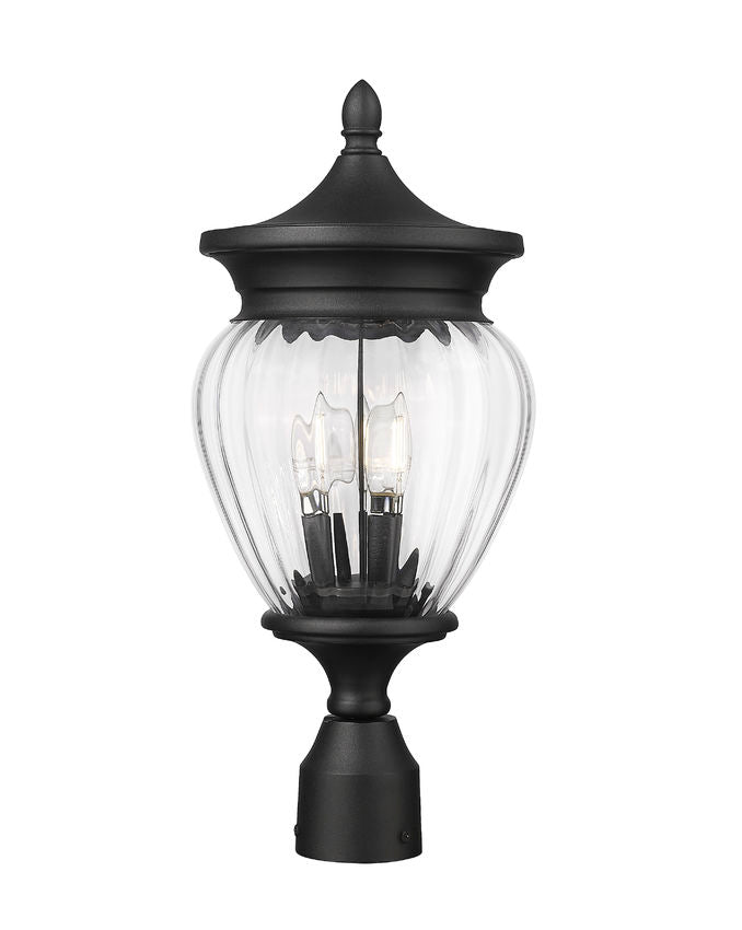 Z-Lite Davina 9" W x 20" H 3-Light Black Aluminum Outdoor Post Mount Fixture With Clear Ribbed Glass Shade