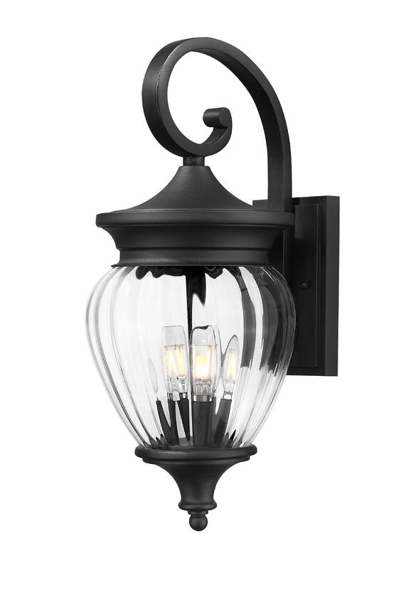 Z-Lite Davina 9" W x 22" H 3-Light Black Aluminum Outdoor Wall Light With Clear Ribbed Glass Shade