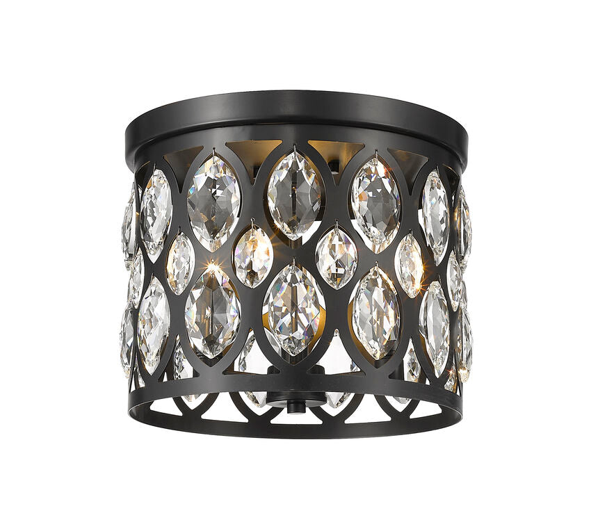 Z-Lite Dealey 12" 3-Light Matte Black Flush Mount Lighting With Matte Black and Clear Crystal Shade