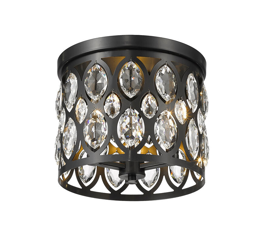 Z-Lite Dealey 12" 3-Light Matte Black Flush Mount Lighting With Matte Black and Clear Crystal Shade