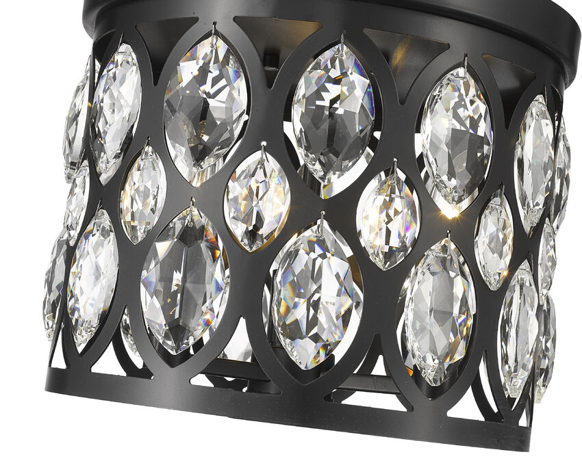 Z-Lite Dealey 12" 3-Light Matte Black Flush Mount Lighting With Matte Black and Clear Crystal Shade