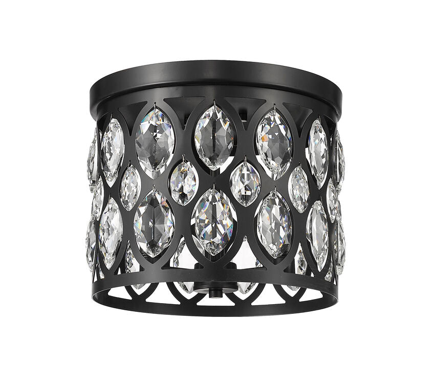 Z-Lite Dealey 12" 3-Light Matte Black Flush Mount Lighting With Matte Black and Clear Crystal Shade
