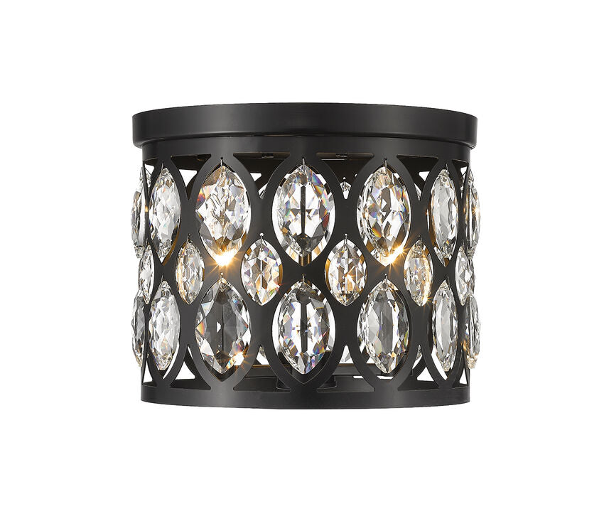 Z-Lite Dealey 12" 3-Light Matte Black Flush Mount Lighting With Matte Black and Clear Crystal Shade