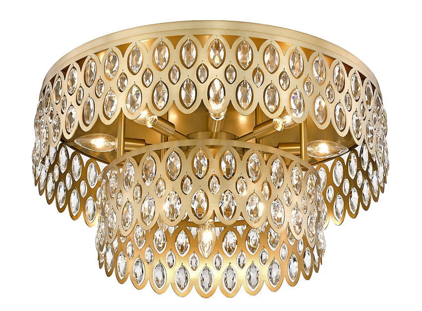 Z-Lite Dealey 24" 12-Light Heirloom Brass Flush Mount Lighting With Steel and Crystal Shade