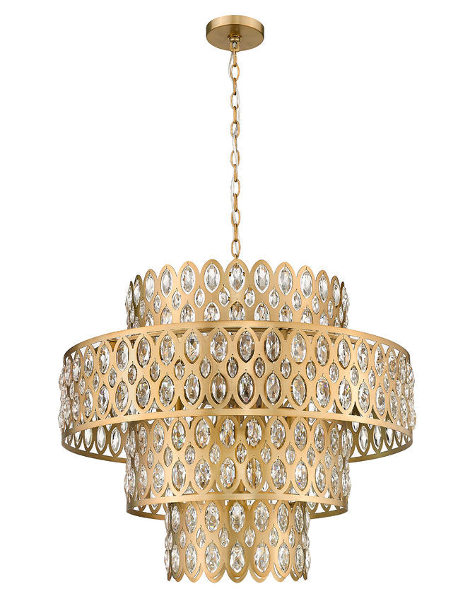 Z-Lite Dealey 26" 13-Light Heirloom Brass Pendant Light With Steel and Crystal Shade