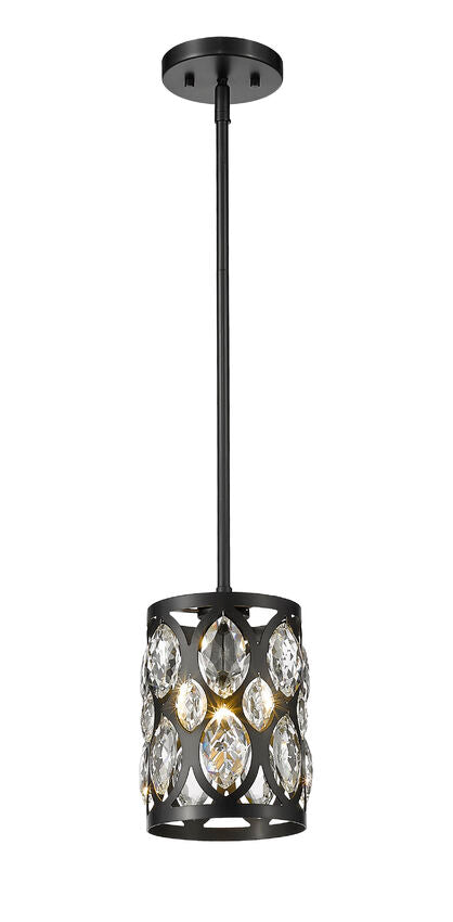 Z-Lite Dealey 7" 1-Light Matte Black Mini Pendant Light With Matte Black and Clear Crystal Shade