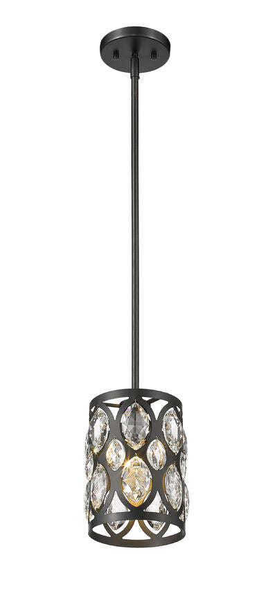 Z-Lite Dealey 7" 1-Light Matte Black Mini Pendant Light With Matte Black and Clear Crystal Shade
