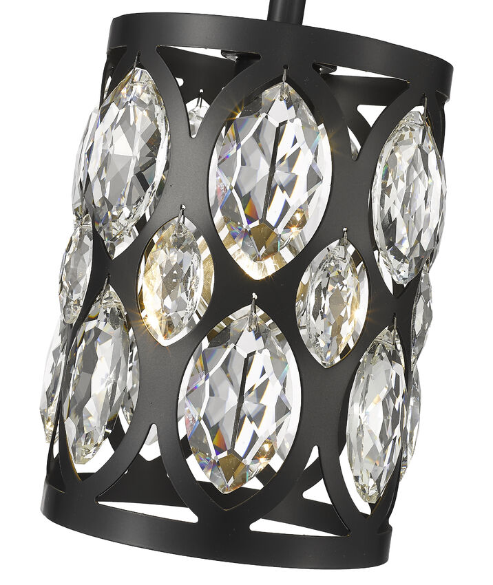 Z-Lite Dealey 7" 1-Light Matte Black Mini Pendant Light With Matte Black and Clear Crystal Shade