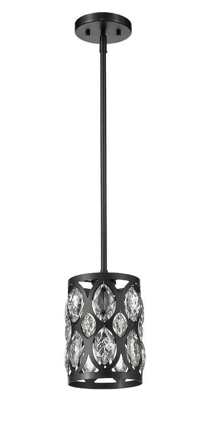 Z-Lite Dealey 7" 1-Light Matte Black Mini Pendant Light With Matte Black and Clear Crystal Shade