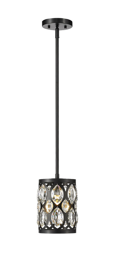 Z-Lite Dealey 7" 1-Light Matte Black Mini Pendant Light With Matte Black and Clear Crystal Shade