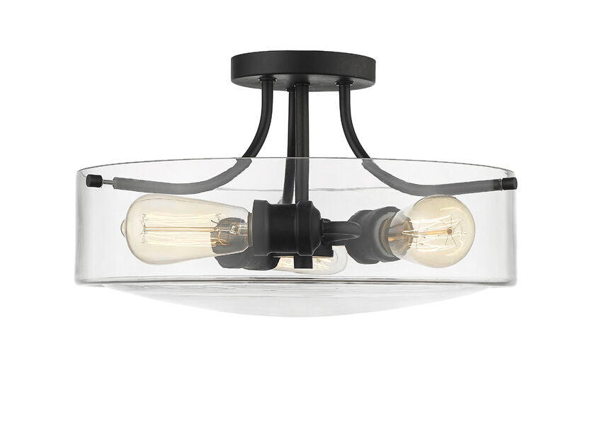 Z-Lite Delaney 15" 3-Light Matte Black Semi Flush Mount With Clear Glass Shade