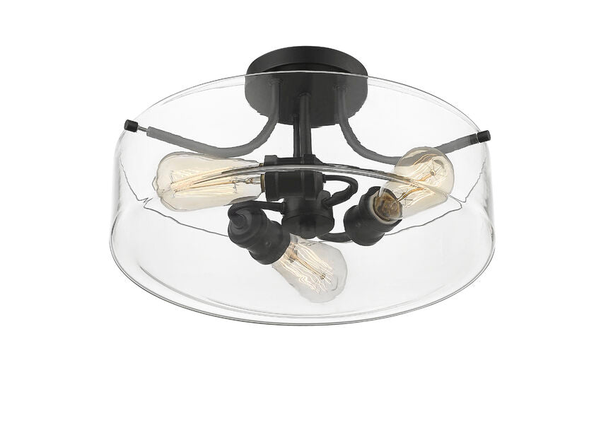 Z-Lite Delaney 15" 3-Light Matte Black Semi Flush Mount With Clear Glass Shade