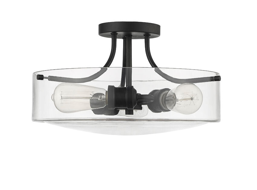 Z-Lite Delaney 15" 3-Light Matte Black Semi Flush Mount With Clear Glass Shade