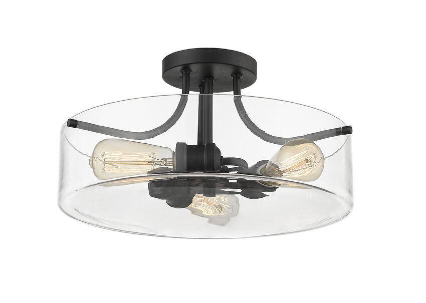 Z-Lite Delaney 15" 3-Light Matte Black Semi Flush Mount With Clear Glass Shade