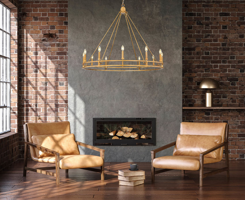 Z-Lite Dennison 12-Light Candelabra Bulb Base Signature Brass Steel Frame Chandelier