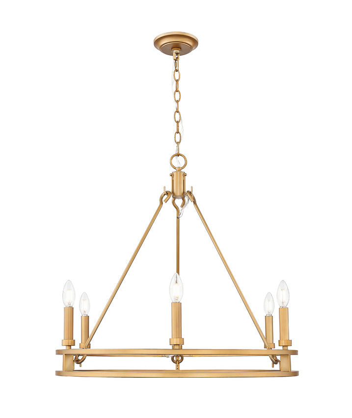Z-Lite Dennison 6-Light Candelabra Bulb Base Signature Brass Steel Frame Chandelier