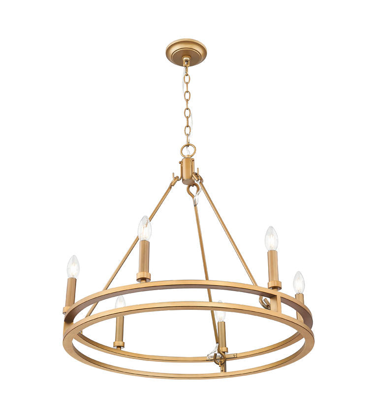 Z-Lite Dennison 6-Light Candelabra Bulb Base Signature Brass Steel Frame Chandelier