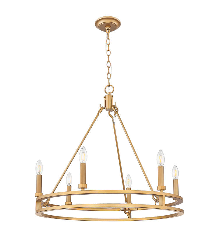 Z-Lite Dennison 6-Light Candelabra Bulb Base Signature Brass Steel Frame Chandelier
