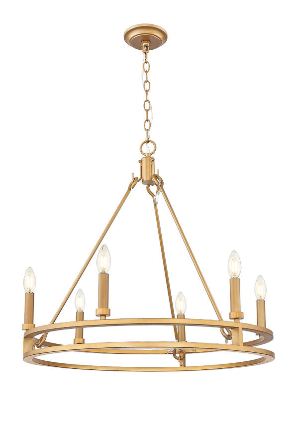 Z-Lite Dennison 6-Light Candelabra Bulb Base Signature Brass Steel Frame Chandelier