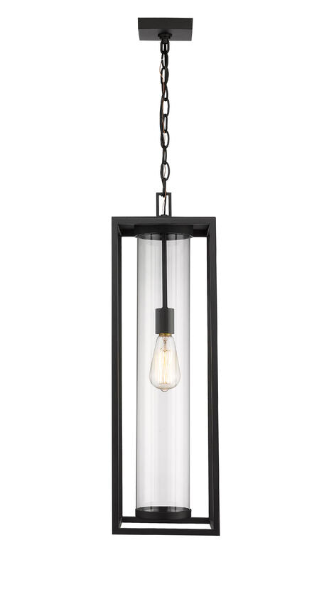 Z-Lite Dunbroch 8" 1-Light Black Aluminum Outdoor Chain Mount Ceiling Fixture With Clear Glass Shade