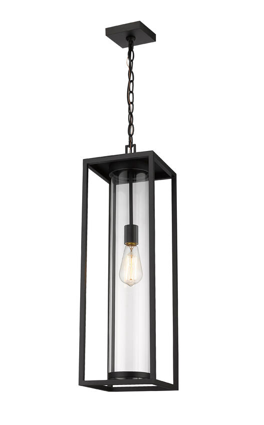 Z-Lite Dunbroch 8" 1-Light Black Aluminum Outdoor Chain Mount Ceiling Fixture With Clear Glass Shade