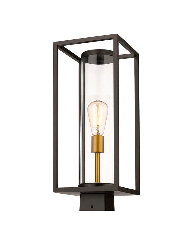 Z-Lite Dunbroch 8" W x 20" H 1-Light Deep Bronze and Outdoor Brass Outdoor Post Mount Fixture With Clear Glass Shade