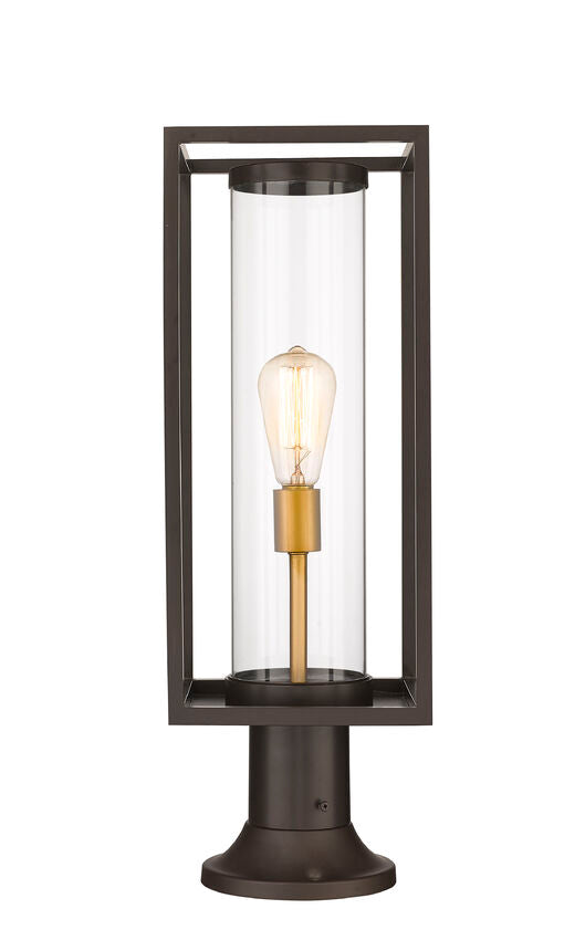 Z-Lite Dunbroch 8" W x 24" H 1-Light Deep Bronze and Outdoor Brass Outdoor Pier Mounted Fixture and Round Pier Mount Hardware With Clear Glass Shade