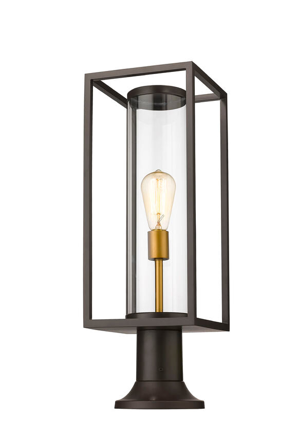 Z-Lite Dunbroch 8" W x 24" H 1-Light Deep Bronze and Outdoor Brass Outdoor Pier Mounted Fixture and Round Pier Mount Hardware With Clear Glass Shade