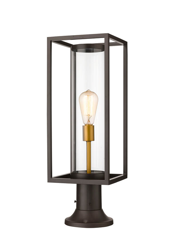 Z-Lite Dunbroch 8" W x 24" H 1-Light Deep Bronze and Outdoor Brass Outdoor Pier Mounted Fixture and Round Pier Mount Hardware With Clear Glass Shade