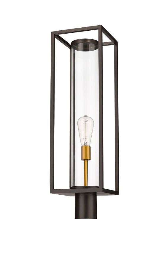 Z-Lite Dunbroch 8" W x 28" H 1-Light Deep Bronze and Outdoor Brass Outdoor Post Mount Fixture With Clear Glass Shade