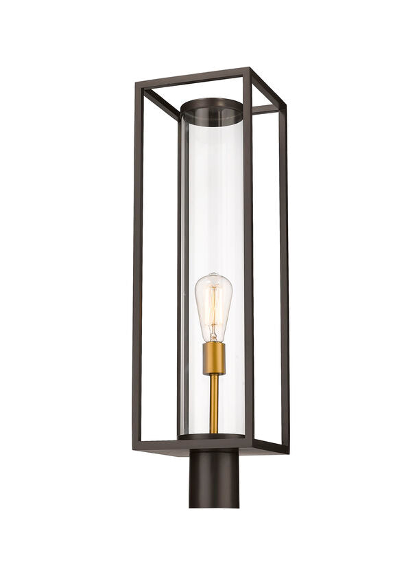 Z-Lite Dunbroch 8" W x 28" H 1-Light Deep Bronze and Outdoor Brass Outdoor Post Mount Fixture With Clear Glass Shade