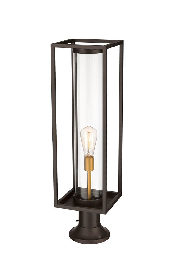 Z-Lite Dunbroch 8" W x 30" H 1-Light Deep Bronze and Outdoor Brass Outdoor Pier Mounted Fixture and Round Pier Mount Hardware With Clear Glass Shade