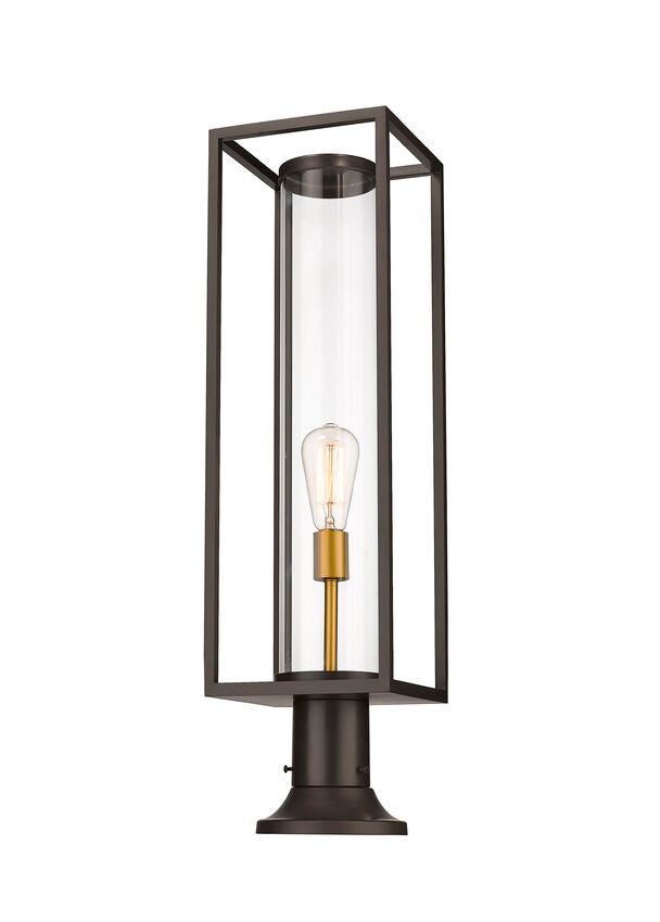 Z-Lite Dunbroch 8" W x 30" H 1-Light Deep Bronze and Outdoor Brass Outdoor Pier Mounted Fixture and Round Pier Mount Hardware With Clear Glass Shade