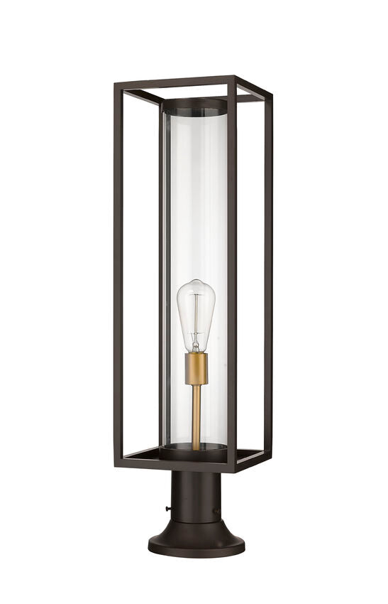 Z-Lite Dunbroch 8" W x 30" H 1-Light Deep Bronze and Outdoor Brass Outdoor Pier Mounted Fixture and Round Pier Mount Hardware With Clear Glass Shade