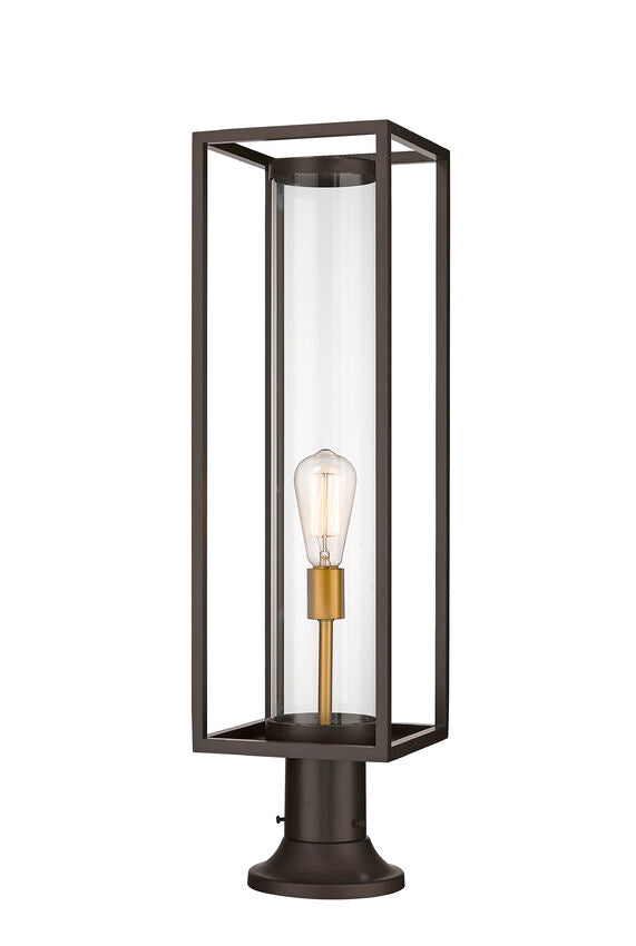 Z-Lite Dunbroch 8" W x 30" H 1-Light Deep Bronze and Outdoor Brass Outdoor Pier Mounted Fixture and Round Pier Mount Hardware With Clear Glass Shade