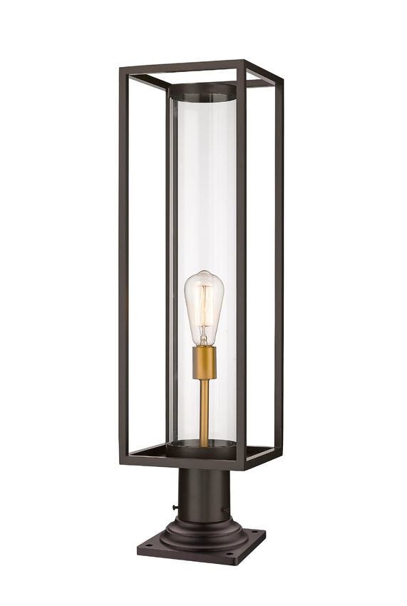 Z-Lite Dunbroch 8" W x 30" H 1-Light Deep Bronze and Outdoor Brass Outdoor Pier Mounted Fixture and Square Pier Mount Hardware With Clear Glass Shade