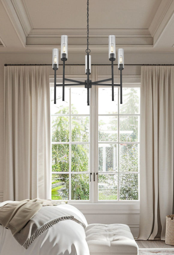 Z-Lite Esme 32" 5-Light Matte Black Steel Frame Clear Glass Shade Chandelier