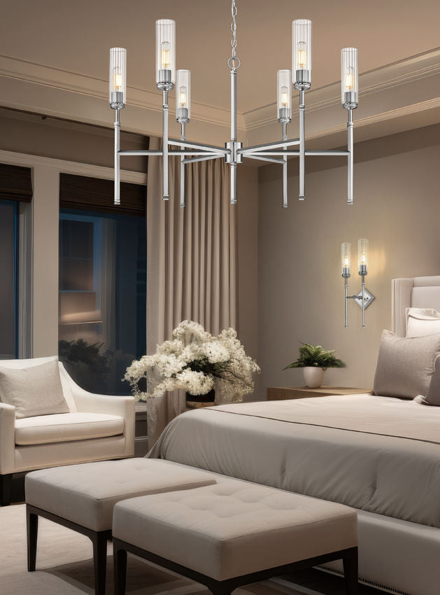 Z-Lite Esme 38" 6-Light Brushed Nickel Steel Frame Clear Glass Shade Chandelier
