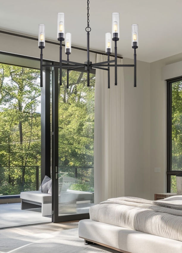 Z-Lite Esme 38" 6-Light Matte Black Steel Frame Clear Glass Shade Chandelier