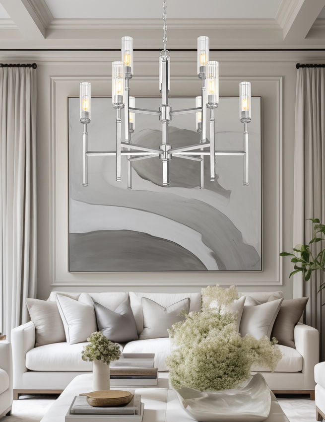 Z-Lite Esme 38" 9-Light Brushed Nickel Steel Frame Clear Glass Shade Chandelier