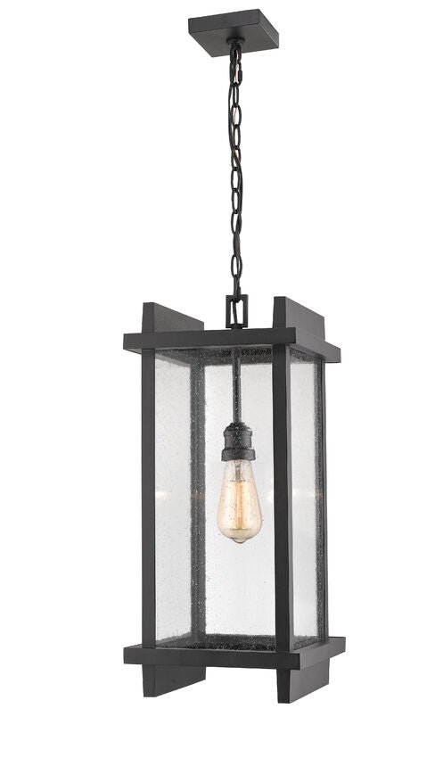 Z-Lite Fallow 10" 1-Light Black Aluminum Outdoor Chain Mount Ceiling Fixture With Clear Seedy Glass Shade