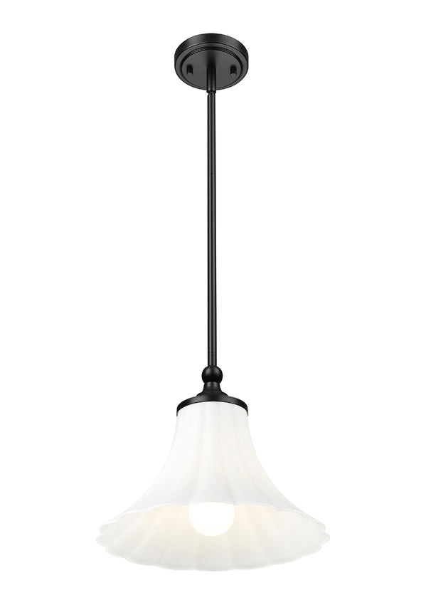 Z-Lite Fleur 1-Light Matte Black Steel Frame Opal Etched Glass Shade Pendant Light
