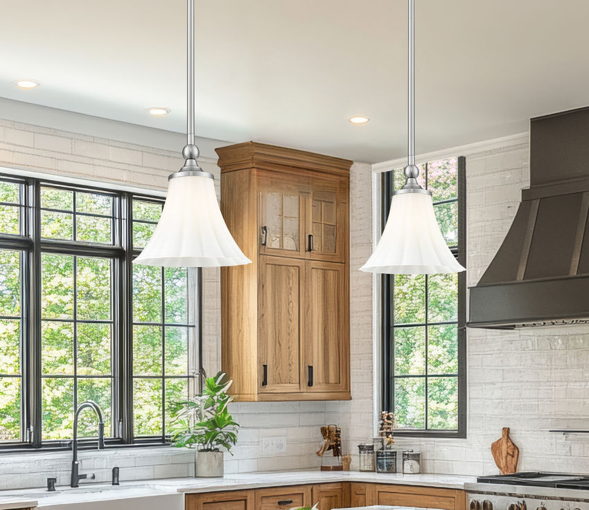 Z-Lite Fleur 8" 1-Light Brushed Nickel Steel Frame Opal Etched Glass Shade Pendant Light